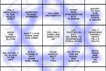 Hasbara bingo card: indigenous, democracy, antisemitic, etc.