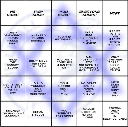 Hasbara bingo card: indigenous, democracy, antisemitic, etc.