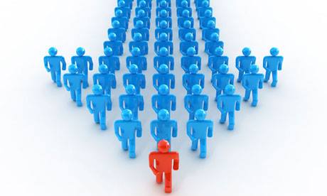 Parshat Vayaqhel - many blue figures walking after a red leader