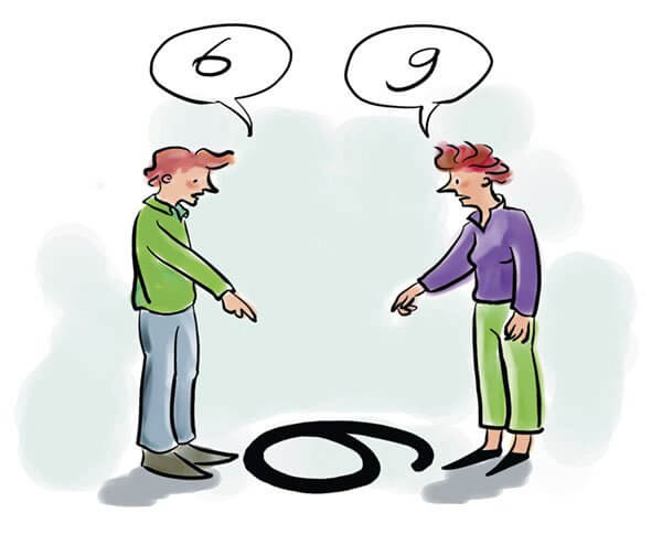My Facts Don't Care About Your Feelings - subjective understandings of a greater truth. Two guys arguing over the number 6 or 9